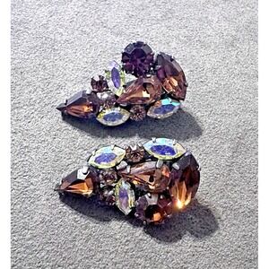 Vintage‎ Root Beer Topaz Cabochon and AB Rhinestone clip on Earrings